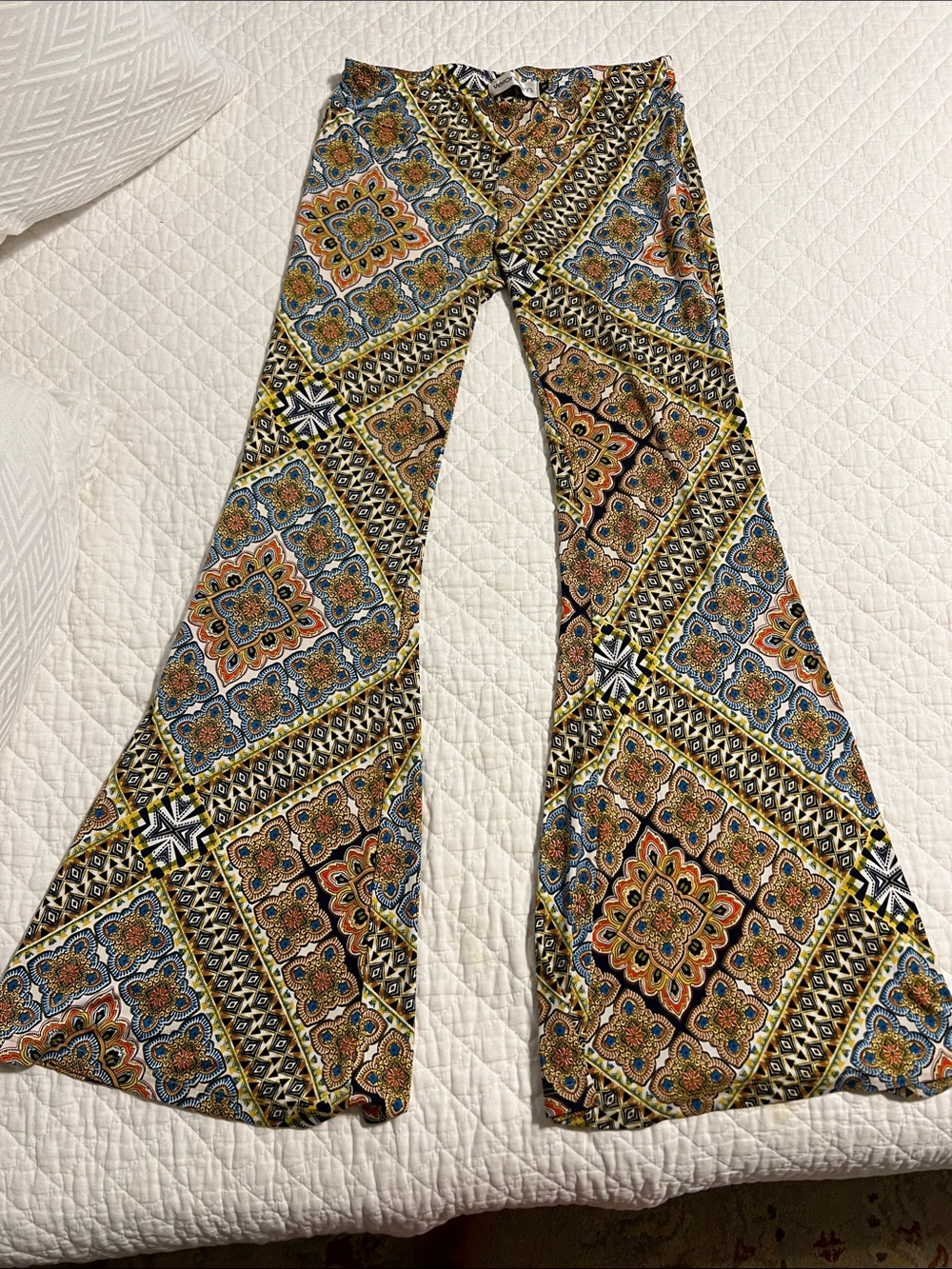Veronicam Boho Wide-Leg Printed Pants in Blue, Yellow, Orange, Cream